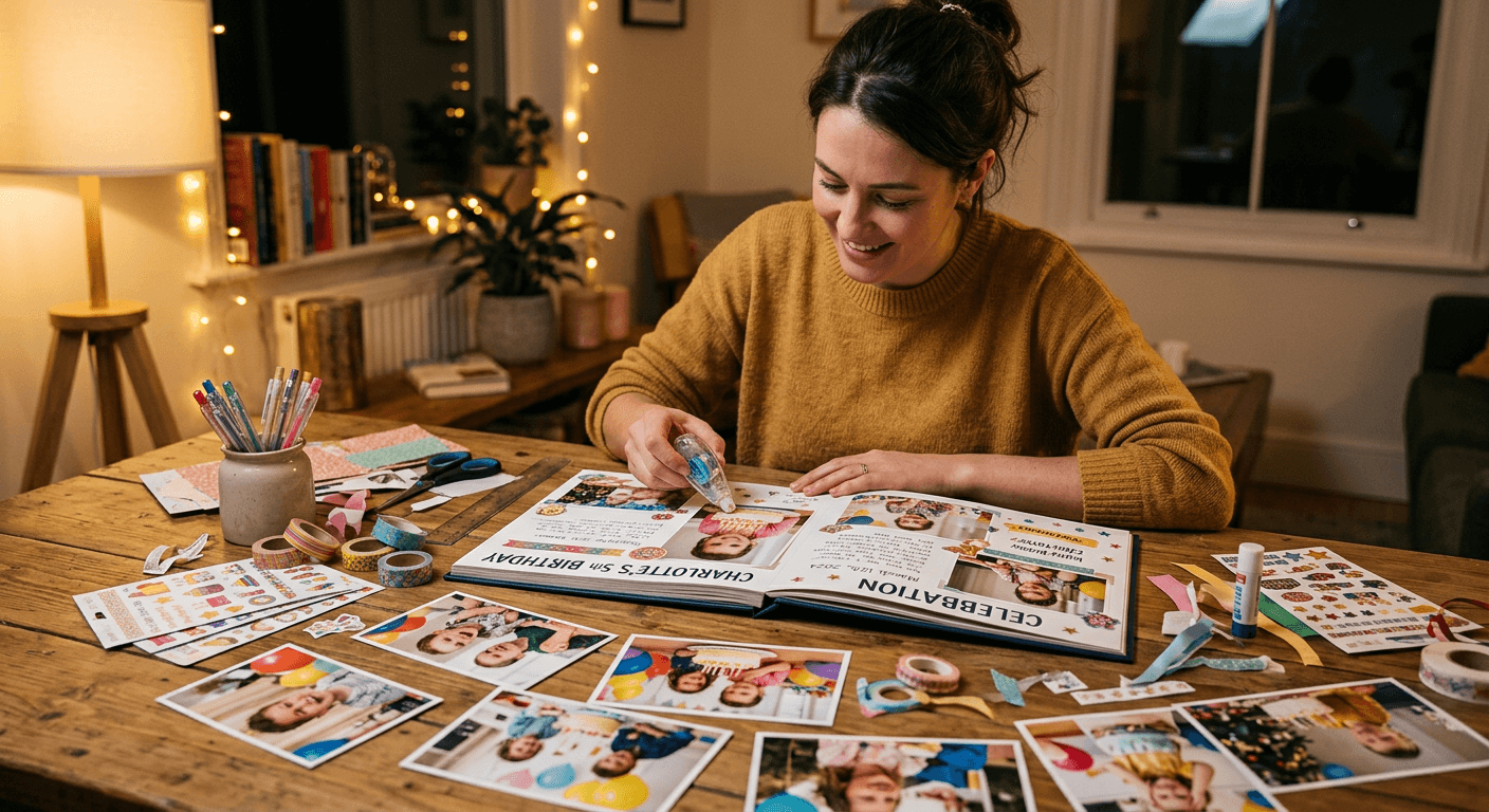 Person creating a scrapbook from birthday party photos