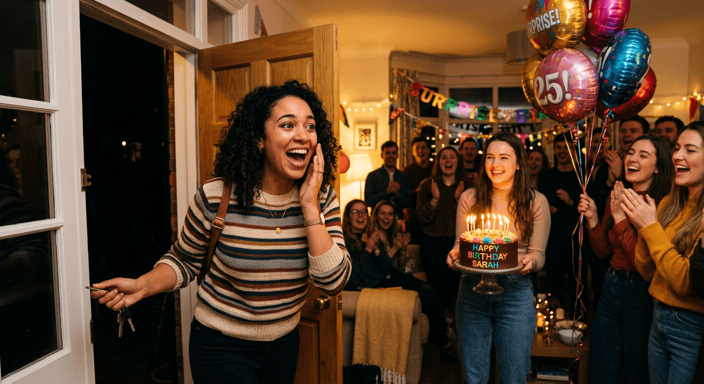 Person walking into a surprise birthday party
