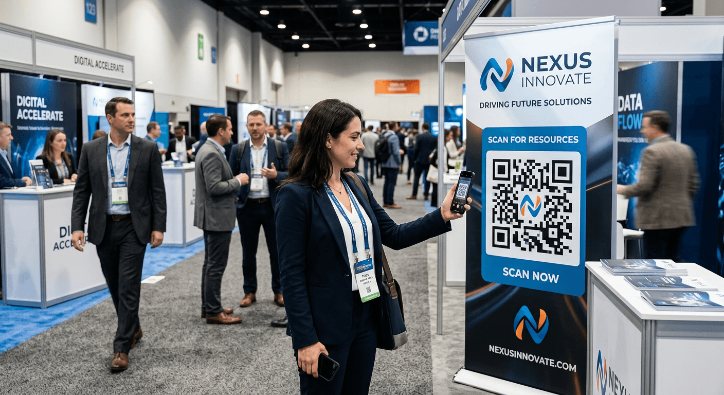Branded QR code on a conference booth banner