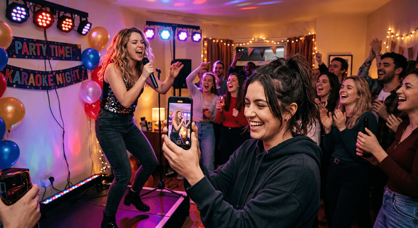 Friend recording karaoke moment at a house party
