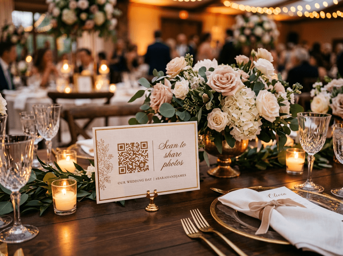 QR code displayed at a beautifully decorated venue table