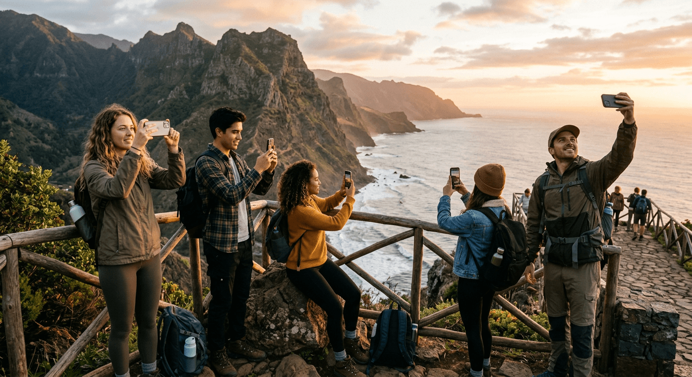 Friends at a scenic overlook taking photos from different angles
